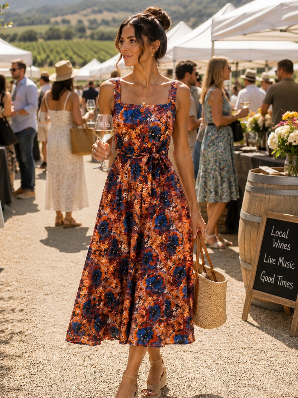 Sleeveless Floral Midi Dress in Orange and Blue US Medium - Picture 2 of 7